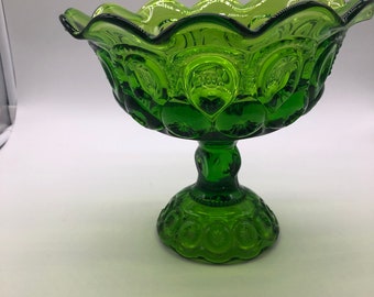 Compote Moon and Stars green art glass with tall pedistal