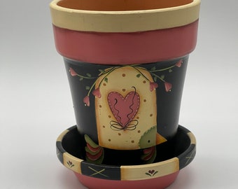 Hand painted black Terra Cotta pot with matching saucer