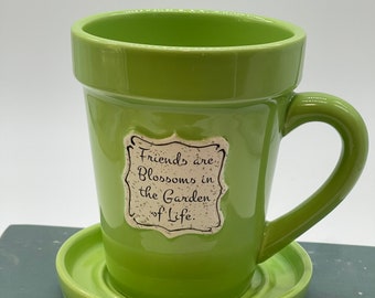 Lime green “Friends” indoor type flower pot with saucer
