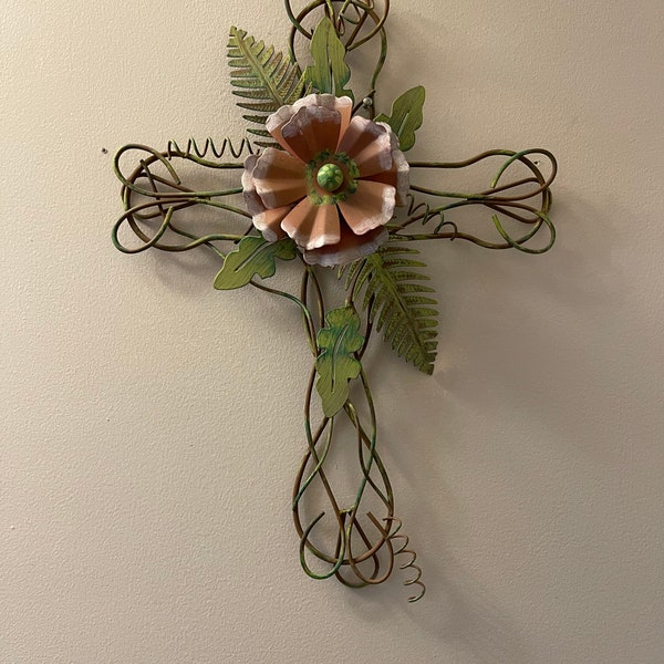 Metal wire Easter Religious  Cross with Flowers and greenery.