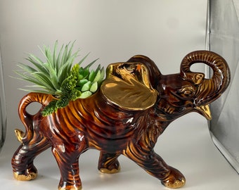 large elephant planter vase with gold accents possibly Haegar vintage