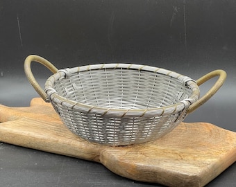 Vintage hand woven aluminum and brass gathering basket