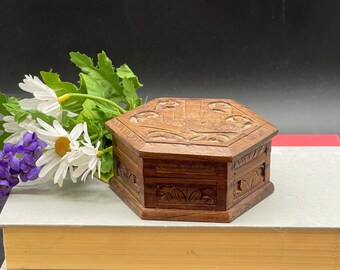 Hand carved small solid wooden hinged box
