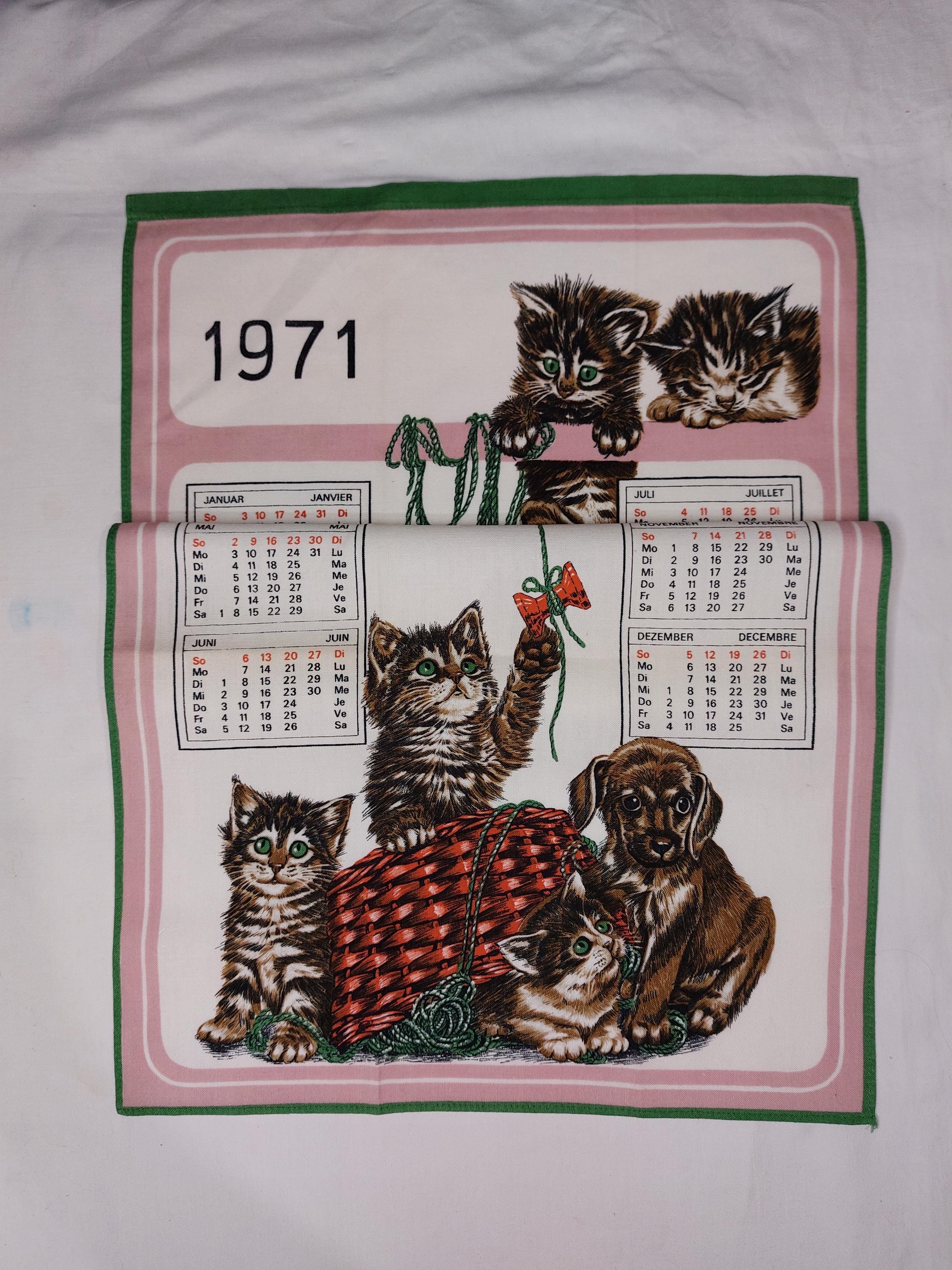 torchon vintage publicitaire avec calendrier 1971 Bleu/Rouge Coton Illustration