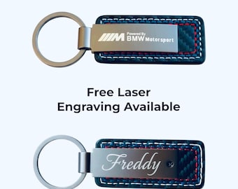 Personalisable BMW Keyring | Carbon Fibre Style Leather with Tricolour Stitching | BMW Motorsport Keychain | Gift for BMW Owners & Fans