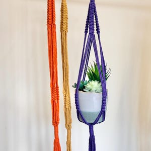 May include: Three macrame plant hangers in orange, mustard yellow, and purple. The purple hanger holds a small white and blue ceramic pot with faux succulents. Each hanger has a wooden ring at the top for hanging.