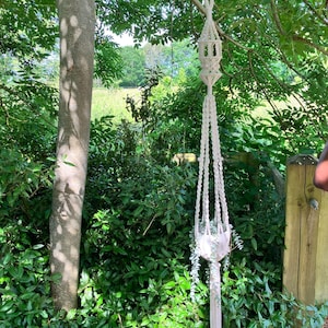 Peut inclure: Un macramé de couleur crème suspendu à une branche d'arbre. Le porte-plante contient un pot blanc avec des plantes vertes retombantes. L'arrière-plan présente un feuillage vert luxuriant et un aperçu d'un champ.