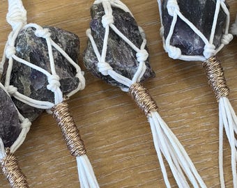 Handmade Macrame Key Ring with Amethyst Crystal and Waxed Cotton Cord.