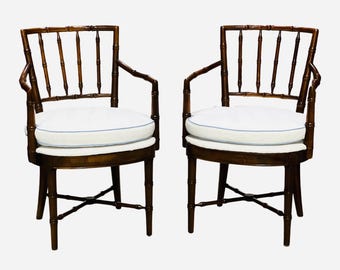Pair Drexel Faux Bamboo Armchairs with Custom Upholstery
