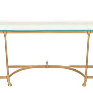 May include: A rectangular glass-top console table with a gold-colored metal frame. The legs have a claw-foot design, and the frame features an arched support. The table is suitable for entryways or living rooms.