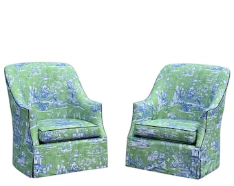 Pair Sherill Swivel Chairs in Thibaut Cheng Toile