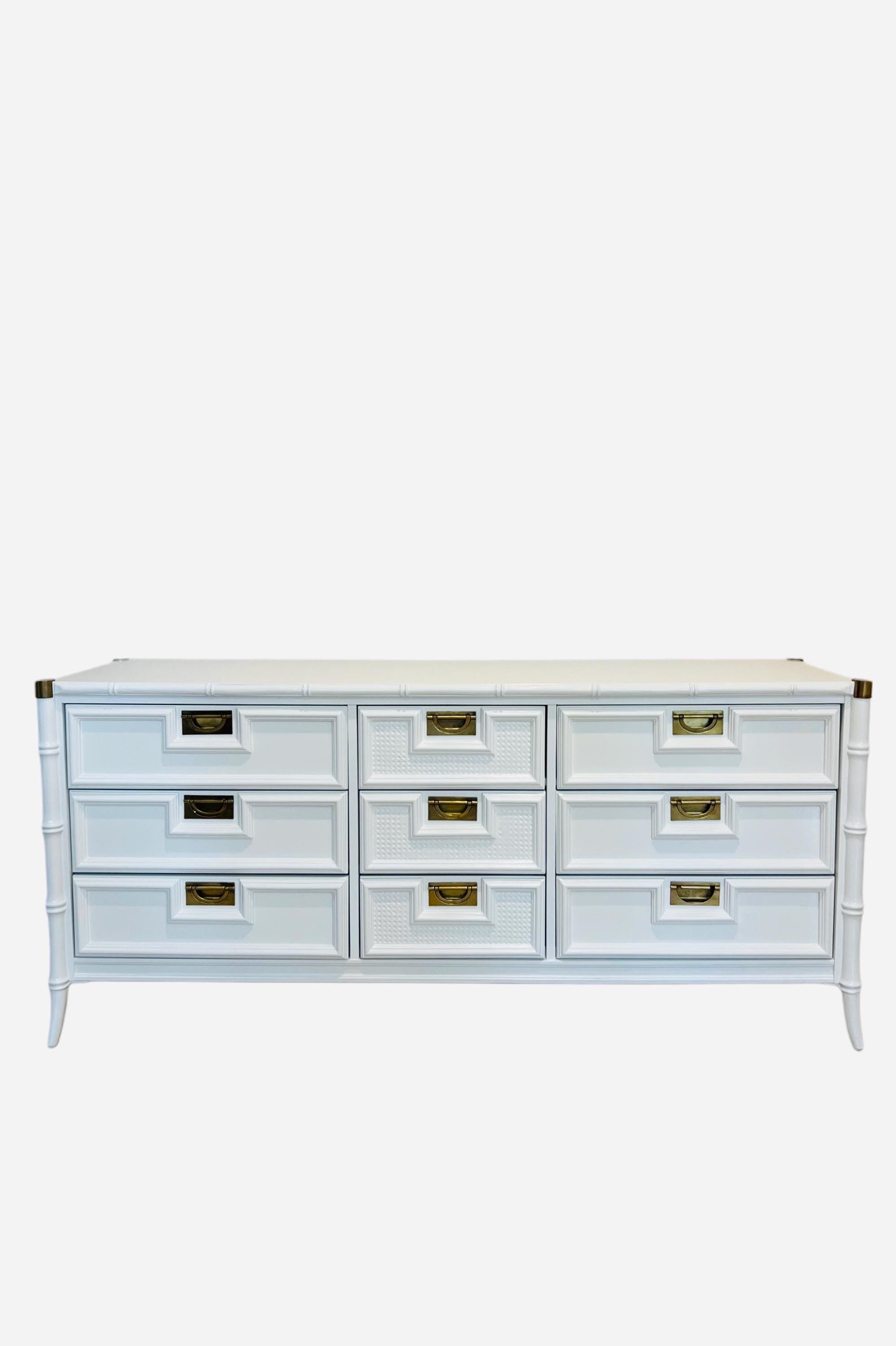 Coastal White Lacquered Faux Bamboo Credenza