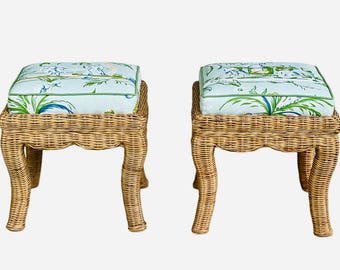 Pair Scalloped Benches/Stools/Ottoman in Quadrille China Seas