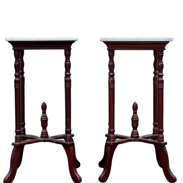 Pair of Vintage Mahogany Marble Top Side Tables