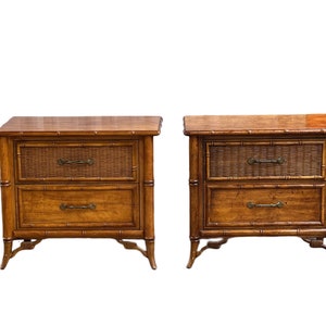 Pair Vintage Rattan Wicker Chinoiserie Hollywood Regency Coastal Wooden End Tables/Nightstands