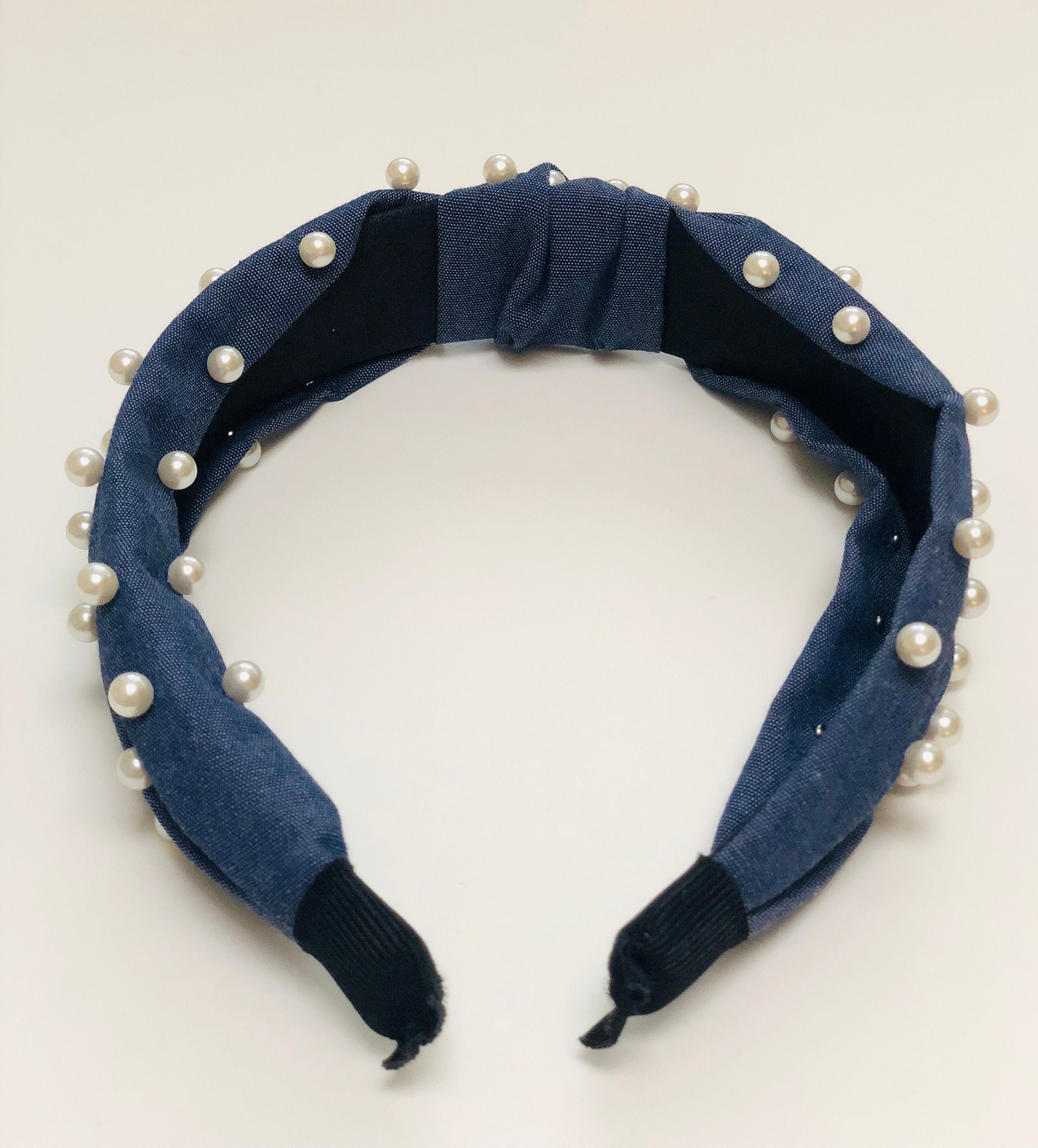 Knotted Blue Denim Pearl Headband/ Aesthetic Trendy Headband Etsy