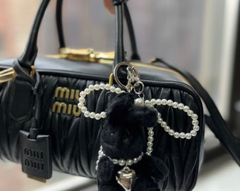 Handmade Pearl Ribbon Charm and Black Bunny Plush Bag Charm