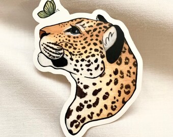 Leopard and Butterfly Sticker, Leopard Sticker, Gouache Sticker, Animal Sticker, Wildlife Stationary, Wildlife Decal, Die Cut, Vinyl Sticker