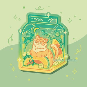 May include: A sticker featuring a cartoon tiger sitting in a melon with green vines and leaves. The sticker has a green background with the word "MELON" in a white box at the top. The sticker is surrounded by a yellow border.