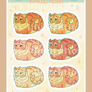 May include: A sticker sheet featuring four illustrations of curled up tiger loafs. The tiger loafs are in various shades of orange, yellow, and red. The sticker sheet has a light yellow background with a green banner at the top that says "Tiger Loaf Bakery Sticker Sheet".