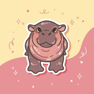 May include: A cartoon illustration of a pink and brown hippopotamus with a white outline. The hippopotamus is smiling and has a sparkly texture. The background is a light yellow and pink.