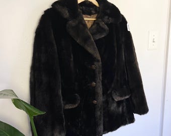 Manteau Vintage En Vraie Fourrure De Vison Marron Foncé Années 70 - Taille 42, Fait Main France