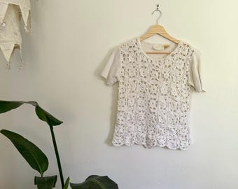 Blusa vintage de ganchillo de los años 90 con encaje