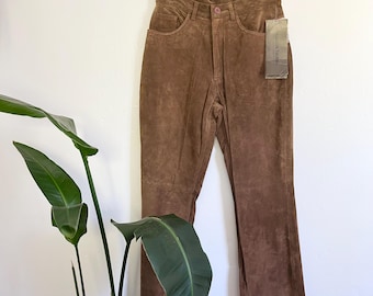 90s Vintage Tan Suede Mid Rise Bootcut Trousers Tan Leather Pants 