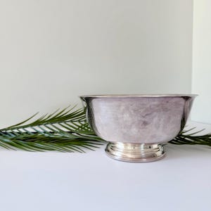 Op de afbeelding: Een gepolijste zilverkleurige metalen kom met een gladde, ronde vorm en een uitlopende rand. De kom heeft een ronde voet die het hoofdgedeelte verhoogt en een reflecterend, metalen oppervlak met subtiele kleurnuances laat zien.