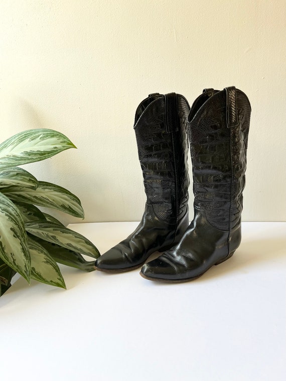 Italian Black Leather Crocodile Western Boots