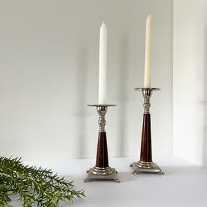 Vintage Pewter and Lacquered Wood Column Taler Candle Holders