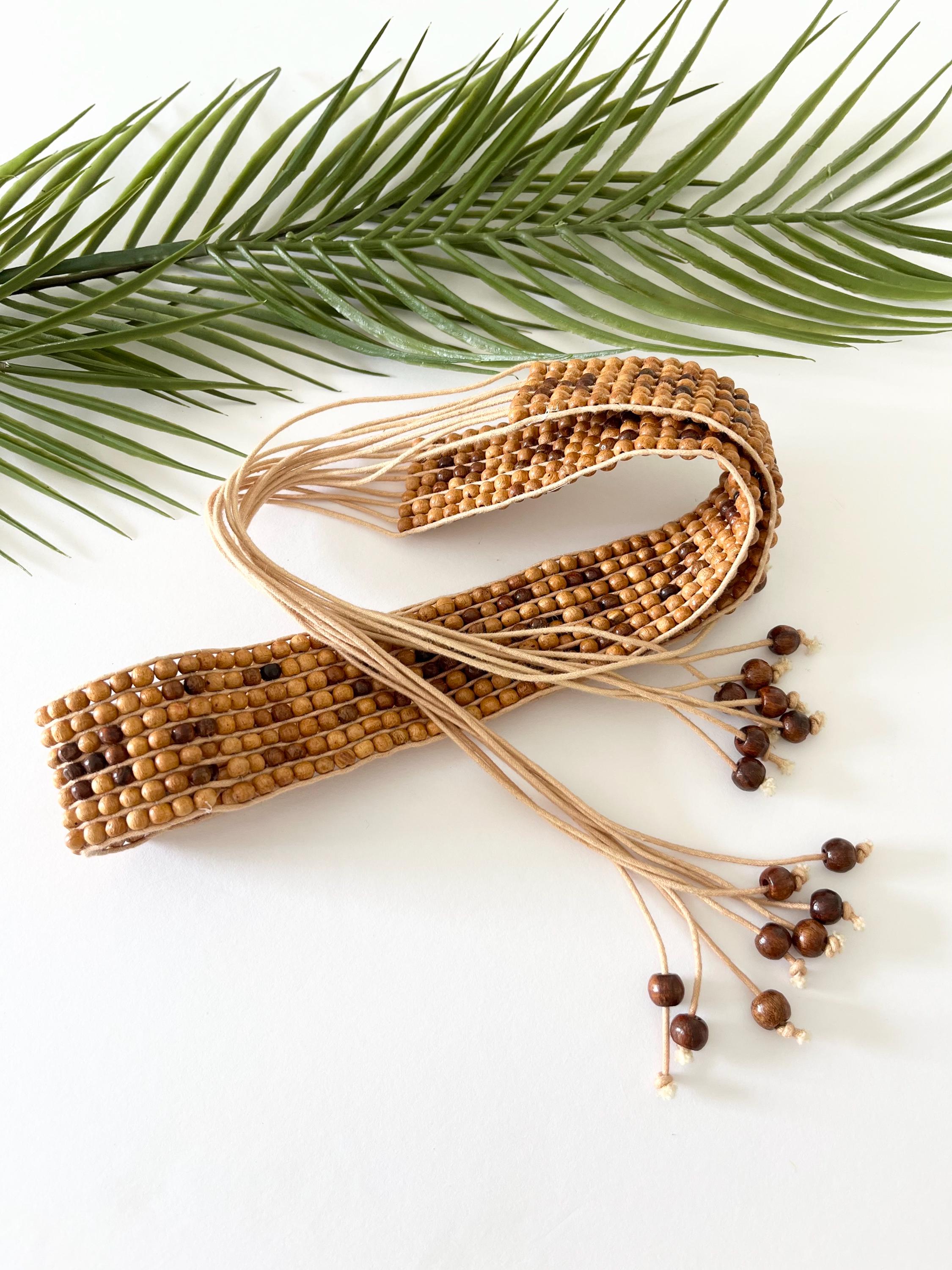 Vintage Boho Beaded Woven Tie Front Belt Vtg Y2K Rope Belt Boho Braided Beaded Tassel Ivory Color  main image 4