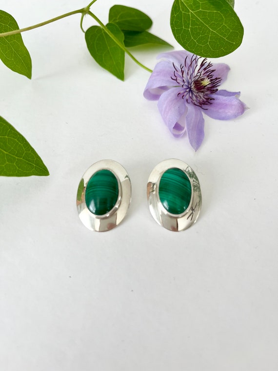 Sterling Silver and Malachite Large Oval Stud Earr