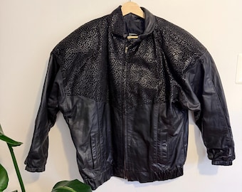 Blouson aviateur en cuir texturé noir vintage