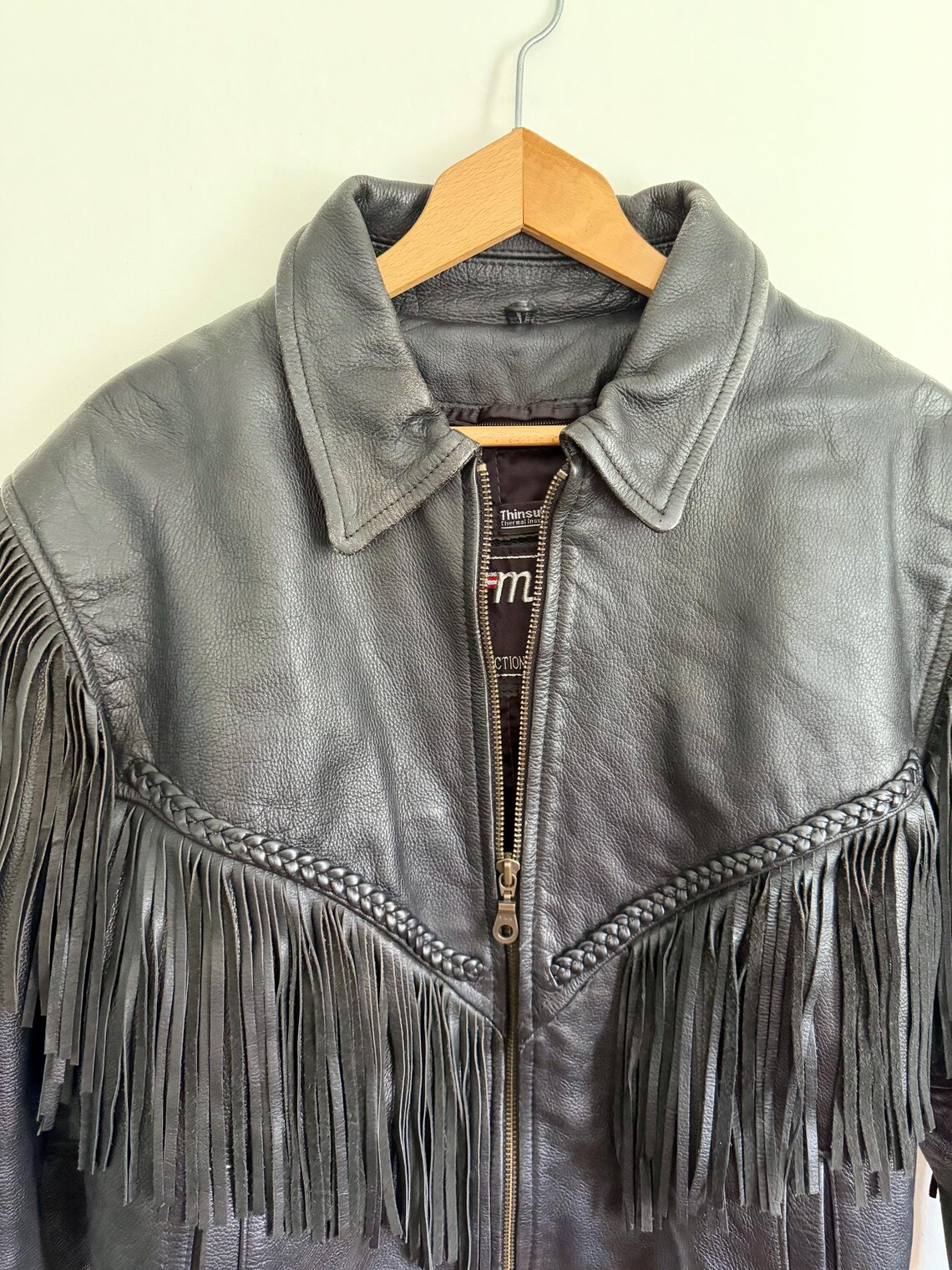 Vintage Black Fringe Leather Biker Jacket, Foto 3 von 5