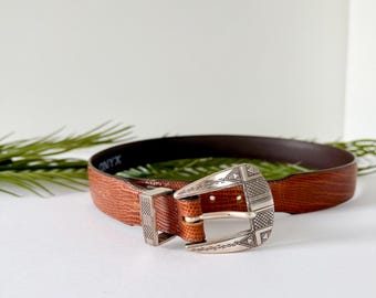 Ceinture Western Vintage Années 90 – Cuir Découpé Rose, Femme Taille 28-30