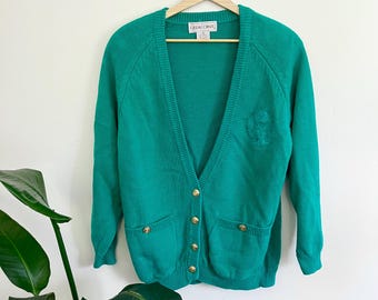 Suéter tipo cárdigan vintage verde Kelly con escudo