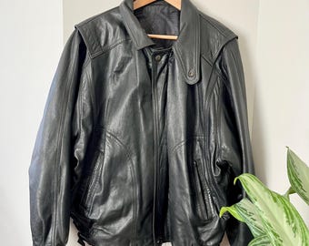 Vintage Black Leather Bomber Jacket