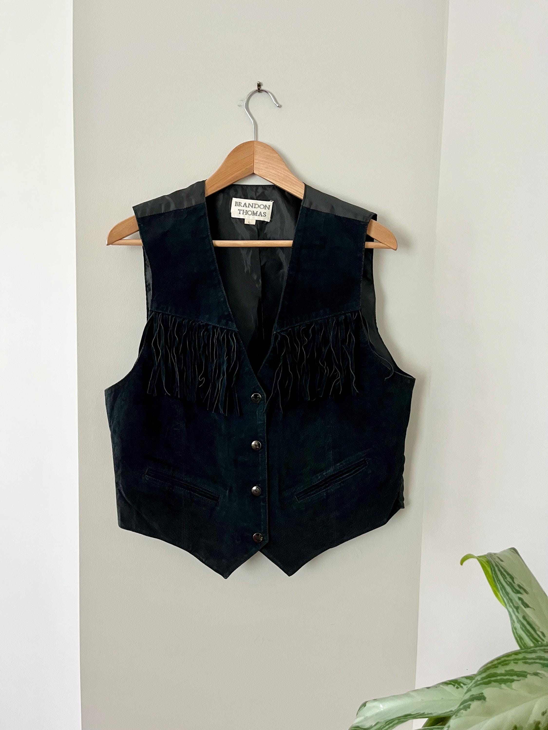 Vintage Black Leather Suede Fringe Vest