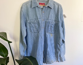 Vintage 90s Marlboro Red Denim Western Shirt, Pearl Snap Long