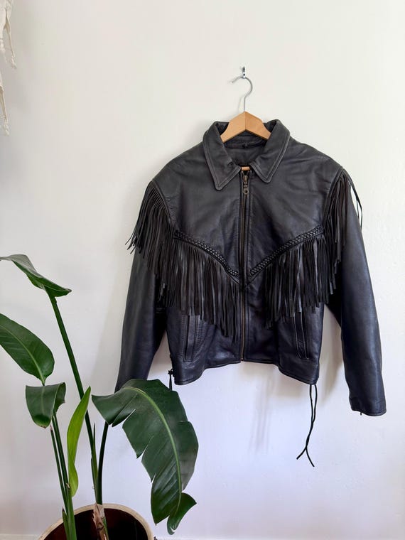 Vintage Black Fringe Leather Biker Jacket