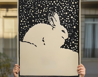 Pôsteres vintage japoneses com estampa de coelho na neve, decoração de parede em xilogravura, gravuras de arte inspiradas no Japão, obras de arte asiáticas exclusivas, pôster artístico