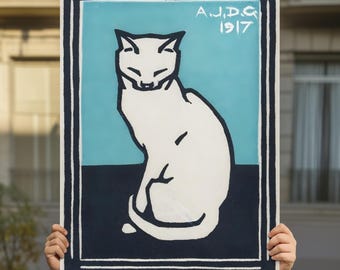 Vintage White Cat Woodblock, Art Poster Print, cat poster, Wall Decor, Cat Lover Gift, Animal Art Print, Home Decor, cat print