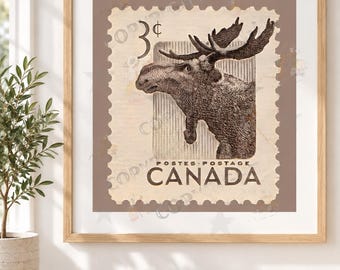 Vintage Canada Moose Stamp Art Poster Print, Wall Art Decor for Nature Lovers, Wildlife poster, Cabin Decor, gift for animal lover