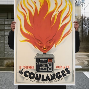 Vintage Art Deco Fire Poster: Early 20th Century Oven Print