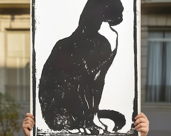 Pôster de arte em xilogravura de gato preto vintage, pôster vertical fosco, decoração de parede, presente para amantes de gatos, impressão de arte animal, decoração para casa
