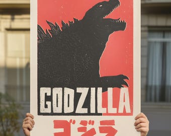 Plakat z japońską Godzillą w stylu vintage, wydruk z filmowym potworem, dekoracyjna sztuka ścienna, pobieranie cyfrowe, klasyczny film, wydruk artystyczny w stylu retro, plakat artystyczny