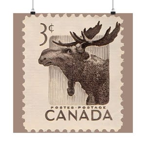 Vintage Canada Moose Stamp Art Poster Print, Wall Art Decor for Nature Lovers, Wildlife poster, Cabin Decor, gift for animal lover