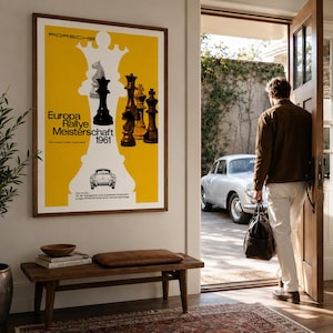 Póster de carreras de Porsche, lámina de rally con temática de ajedrez vintage, arte mural retro de automovilismo europeo, decoración de coches de mediados de siglo, regalo para amantes de los coches.