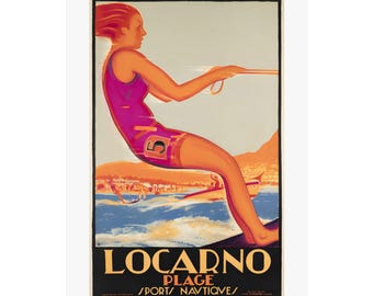 Vintage Water Ski Girl Art Deco Vertical Posters Print, Retro Home Decor Print, Nautical Wall Art, Locarno Poster, Beach House Art, waterski